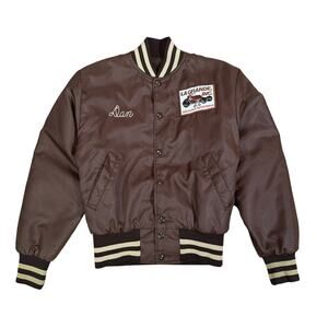 Vintage 70s Brown Satin Bomber Jacket LaGrande Inc Automotive Racing Men’s XS